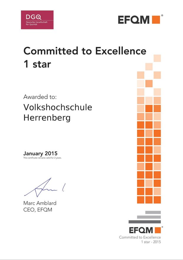 EFQM-Urkunde der vhs Herrenberg